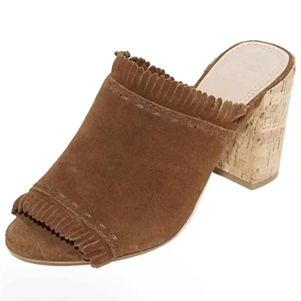 Tory Burch Huntington Camel Suede Fringe Slide Mules in Tan Size 8‎